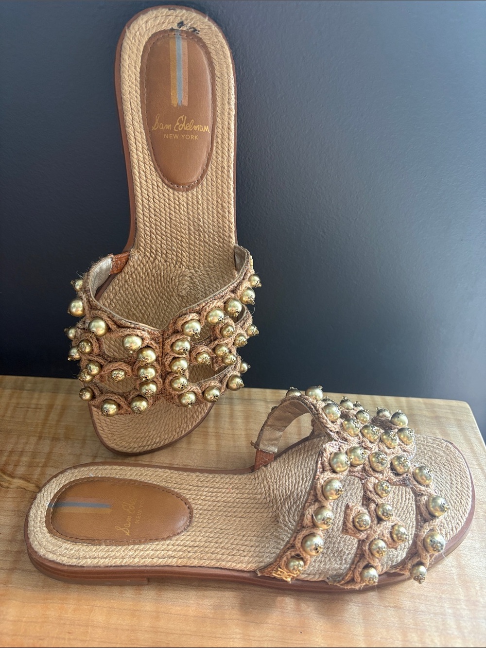 Sam Edelman Gold Beaded Woven Slide Sandals 7.5